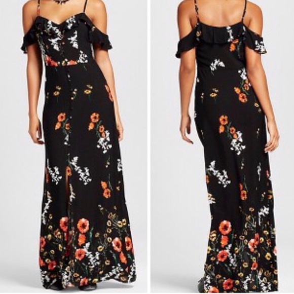 Xhilaration Dresses & Skirts - NWT Black Floral Button Up Off Shoulder Maxi Dress